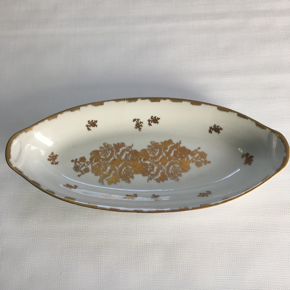 PORCELAINE DE FRANCE Serving Dish Decorative Vintage Hand Painted White Gold